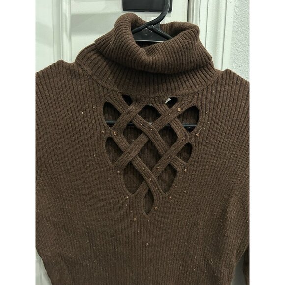 Cache Embellished Turtleneck Pullover Sweater Brown Sz Medium Cutout Ribbed Knit - Picture 4 of 9